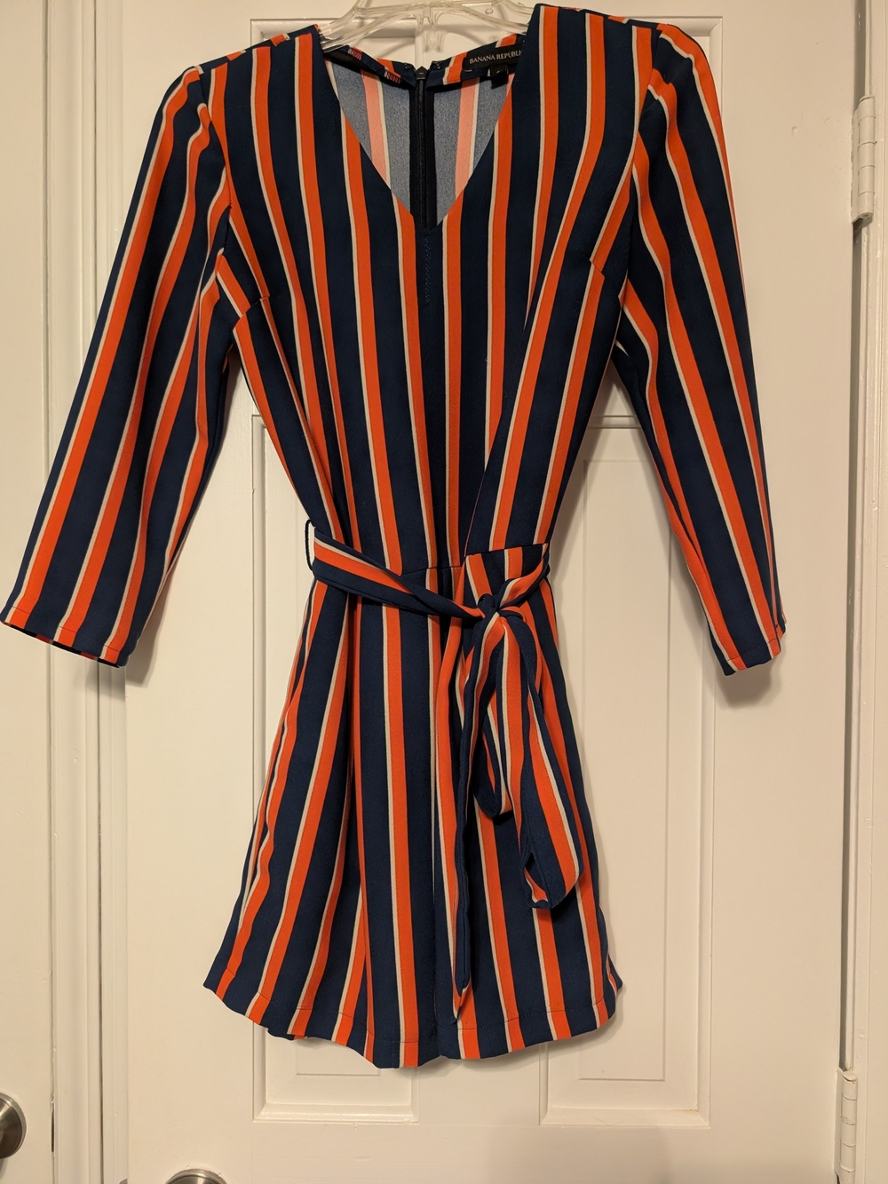 Banana Republic Navy and Orange Striped Romper with Tie Waist